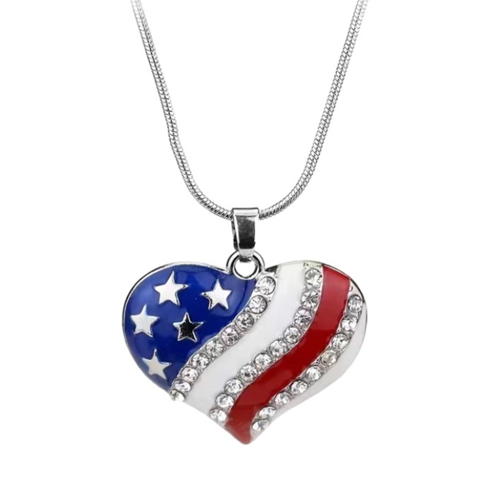 Patriotic Heart Red White & Blue Enamel & Crystal Silver Toned Necklace